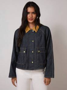 COSMINA Denim 女式休闲时尚撞色翻领口袋牛仔夹克，春秋 - 藏蓝色 - 查看 1