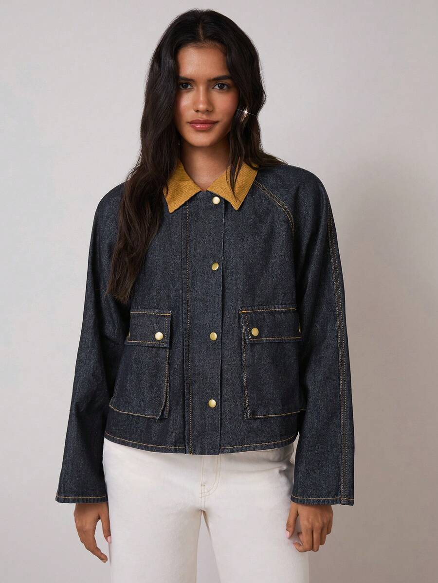 COSMINA Denim 女式休闲时尚撞色翻领口袋牛仔夹克，春秋 - 藏蓝色 - 查看 1