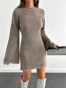 EURMUSE Women Color Block Sweater Dress With Striped Edges - Mocha Brown - View 3