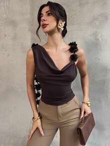 Firerie Áo cánh hoa buộc lưng lệch vai không tay thanh lịch lãng mạn quyến rũ dành cho nữ, thích hợp cho tiệc tùng, đám cưới, tốt nghiệp, mùa thu/đông - màu nâu - Xem 5