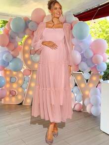 Loomaby 孕妇拼接网眼圆领长袖连衣裙 - 粉色 - 查看 3