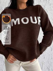 EURMUSE 女式休闲字母图案落肩长袖圆领毛衣，秋季 - 棕色 - 查看 1