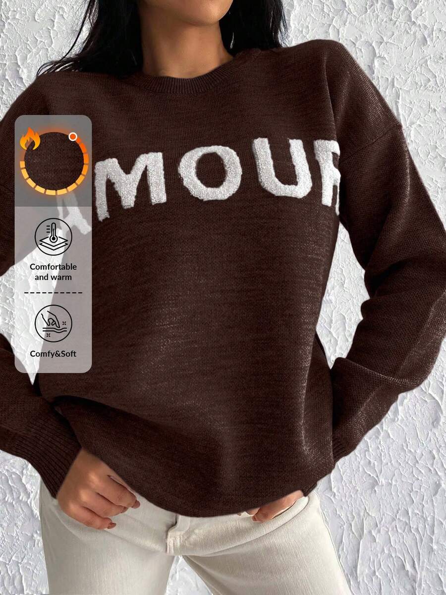 EURMUSE 女式休闲字母图案落肩长袖圆领毛衣，秋季 - 棕色 - 查看 1