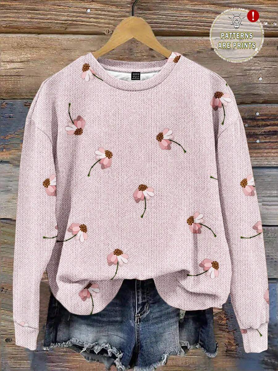 SHEIN LUNE Casual Minimalist Faux Fur Beaded Daisy Print Crew Neck Loose Fit Women Sweatshirt, Suitable For Autumn/Winter - Multicolor - View 1