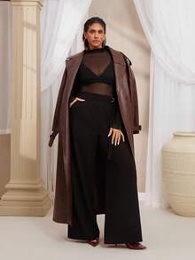VOLUPTÉ CURVE Plus Size Women's Spring/Summer Black Floor Length Pants Solid Suit Fabric Wide Leg Straight Slant Pocket, Elegant Commute Party Formal Trousers - Black - View 5