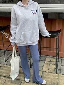 SHEIN Girlism 青少年女孩两件套，花卉灰蓝色，休闲百搭，美国国旗印花落肩连帽衫毕业宽松长袖运动衫和喇叭裤，返校，干净的女孩，运动服 - 彩色 - 查看 15