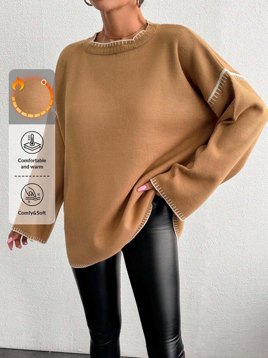 EURMUSE Jersey De Manga Caída Con Cuello Redondo Con Detalles De Color Contrastante - Camel - Ver 1
