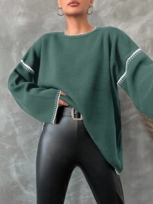 EURMUSE Women'S Round Neck Batwing Sleeve Sweater - Dark Green - View 4