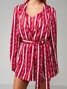 MISSGUIDED Christmas Holiday Striped Lounge Robe With Hearts And Script Print Belt Tie Closure