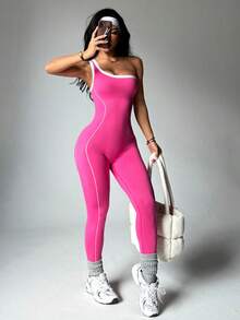 Dewbera 1 pieza Mono de yoga sin costuras y ajustado para mujer, mono deportivo para mujer, mono deportivo de una pieza, mono de entrenamiento sin costuras, mono de entrenamiento sin mangas - Rosa Fucsia - Ver 1