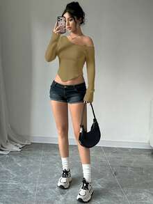 SHEIN Unity 女士休闲日常通勤简约纯色不对称领修身套头衫，秋季 - 綠色 - 查看 6