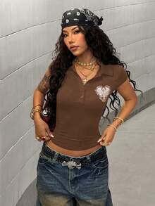 StreetHx Women's Casual Solid Color Rhinestone Print Turndown Collar Short Sleeve T-Shirt, Spring/Summer - Brown - View 4