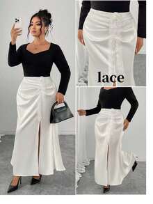 SHEIN Elenzya Falda de cola de pez con abertura alta, elegante, con pliegues y flores 3D en unicolor para tallas grandes - Blanco - Ver 4
