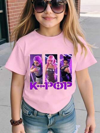 SHEIN Young Girls' Casual Comfortable Cute Creative Funny K-POP Cartoon Girl Letter Graphic Round Neck Short Sleeve T-Shirt