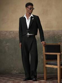 AKNOTIC 2pcs Men's Woven Casual Loose Fit Long Sleeve Blazer And Straight Leg Pants Suit Set, Wedding - Black - View 7