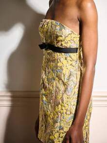 lacRébo 金属花卉提花迷你连衣裙，配撞色蝴蝶结腰带，时尚派对晚装，秋冬 - 黃色 - 查看 7