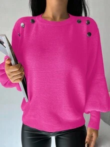 EURMUSE Tay áo lồng đèn Chi tiết Nút Áo len - Màu Hồng Tươi - Xem 3