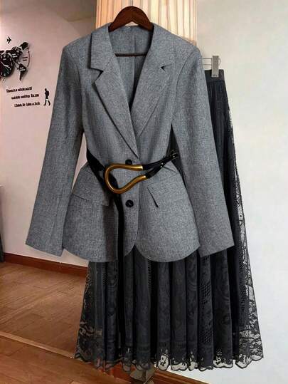 Franclia 大码女式法式休闲优雅西装外套和蕾丝裙套装