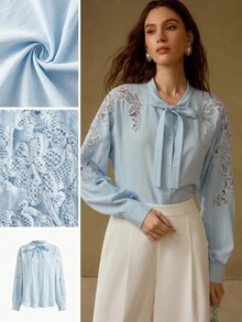 MOTF PREMIUM Áo blouse ren tương phản bằng vải lanh - Màu xanh nhạt - Xem 1