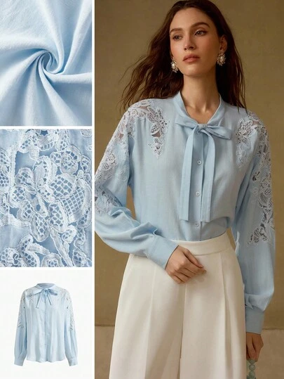 MOTF PREMIUM LINEN CONTRAST LACE KNOT BLOUSE