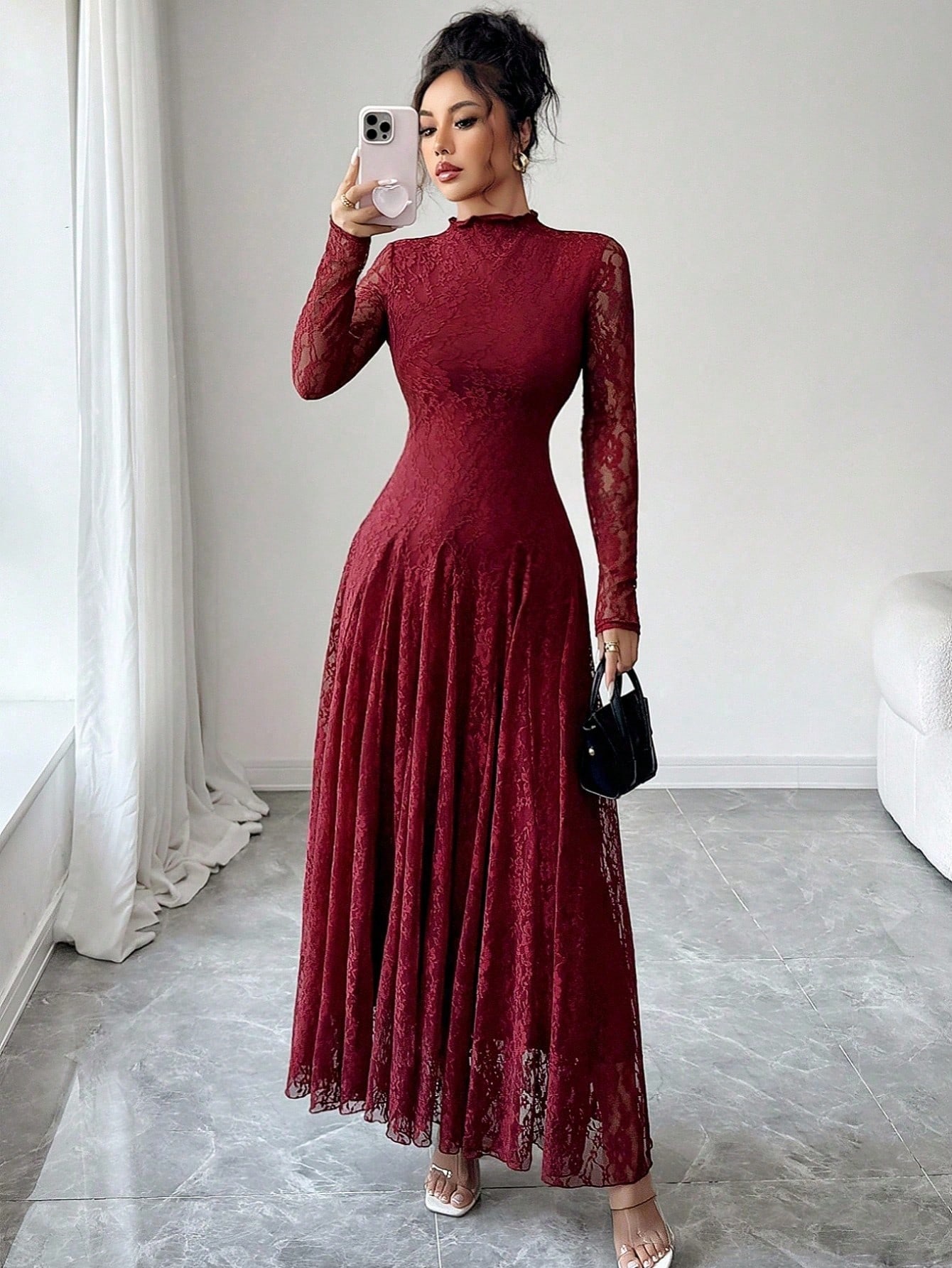 Modelyn فستان نسائي بياقة عالية وخصر مشدود بالدانت...