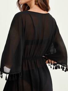 CAJUNI Vestido de playa informal de cuello en V y mangas de murciélago en color negro para mujer - Vacaciones - Traje de baño - Tropical - Negro - Ver 2