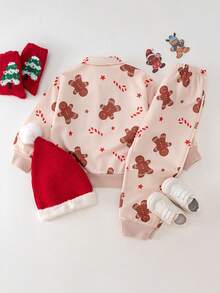 THE HAPPY LOOK 2pcs Young Boy Gingerbread Man Cartoon Pattern Knit Soft Collar Long Sleeve Half-Zip Pullover Top And Elastic Waist Pants Set