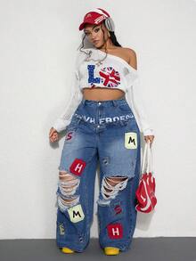 ROMWE Street Life Y2K 休闲街头风格口袋刺绣设计双腰带加大码宽松牛仔裤 - 藍色 - 查看 6