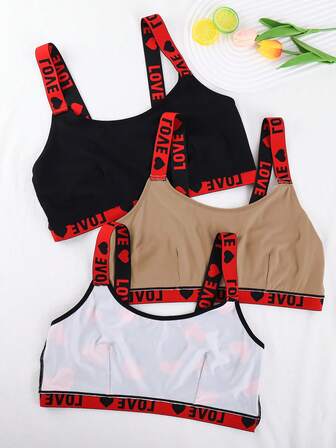 Snug Zone 3 st Plus Size Hjärt- & Bokstavstryck-Bralette Med Mjuka Band Utan Stålringar Sport, Lyft
