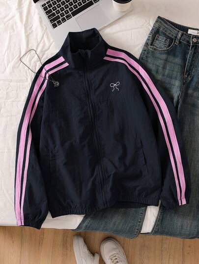 Sparklyn 青少年女孩运动休闲条纹拼接侧拉链立领夹克，秋季