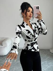 Elenzga Women's Elegant Floral Print Casual Commuter Belted Shirt, Autumn Cow Print