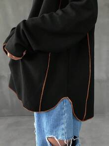 FRIFUL 女式撞色镶边圆领长袖T恤，适合秋冬季 - 黑色 - 查看 3