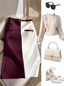 Plus Size Elegant Color Block Design Classic Business Commute Skirt, "Woe Is Me Vibes" Wednesday Aesthetic, Kooky Elegance Collection - Violet Purple - View 3