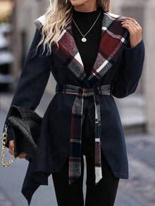 SHEIN Clasi Cappotto oversize casual da donna a quadri con colletto scialle, autunnale - Blu Navy - Visualizzare 2