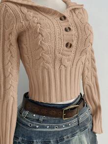 Flirla Women's Casual Versatile Twist Knit Half-Zip Sweater - Khaki - View 5