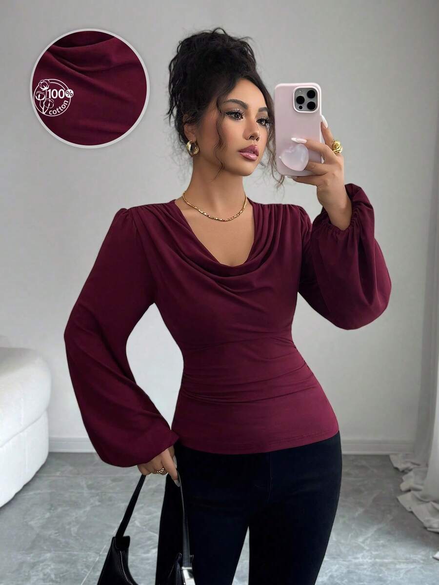 Selianne Women's Elegant Burgundy Ruched Collar Design Puff Sleeve Long Sleeve Ruched Patchwork Fitted T-Shirt, Spring/Autumn - Burgundy - View 1