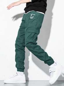 SHEIN Teen Boy Letter Graphic Flap Pocket Cargo Pants - Army Green - View 1