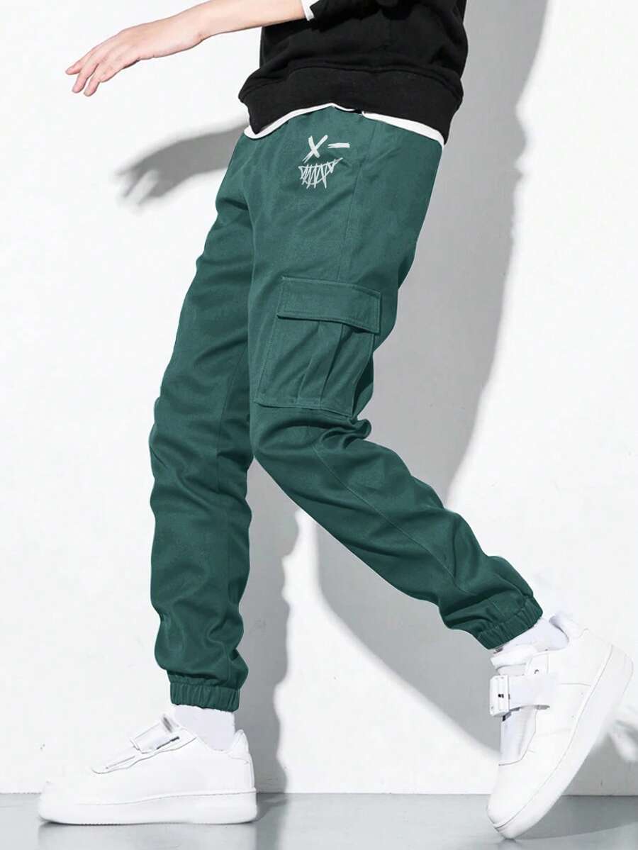 SHEIN Teen Boy Letter Graphic Flap Pocket Cargo Pants - Army Green - View 1
