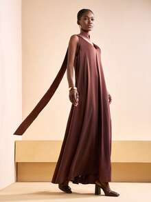 Zivah 2025秋季新款优雅连衣裙，V领无袖，缎面纹理面料，简约设计，适合音乐节、复活节、生日派对、宴会、舞会 - 咖啡棕 - 查看 4