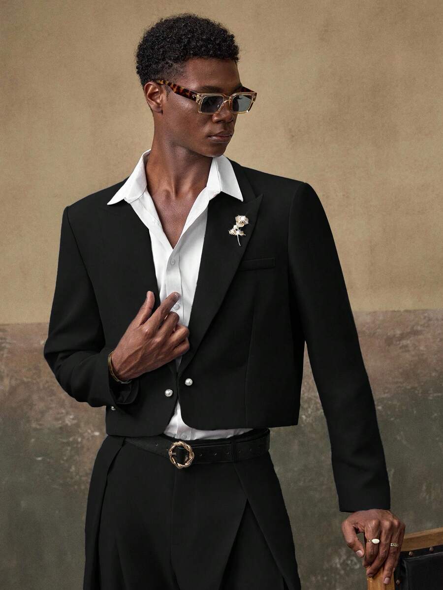 AKNOTIC 2pcs Men's Woven Casual Loose Fit Long Sleeve Blazer And Straight Leg Pants Suit Set, Wedding - Black - View 1