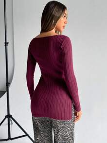 Siren Gaze Lässiges Damen T-Shirt mit Seitenschlitz Einfarbig, vielseitig einsetzbar für Herbst und Winter, gerippter Pullover, Langarmshirt, figurbetontes Oberteil, Stricktop, rotes Wintershirt, ideal für Weihnachten und Neujahr.