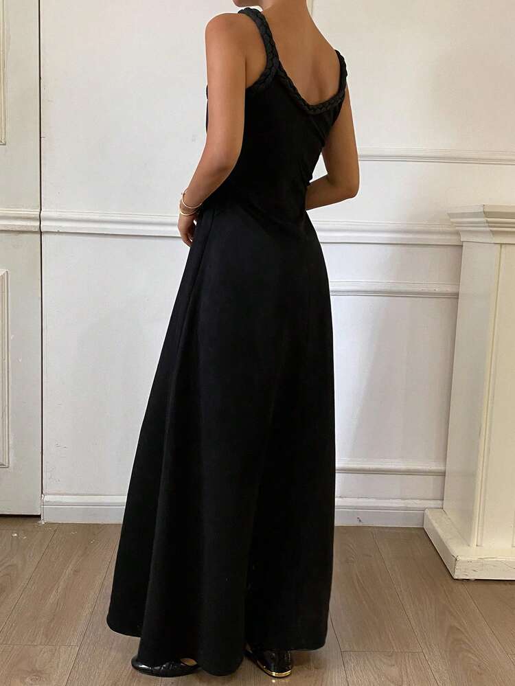 Women's Solid Color Fitted Suede Slip Dress With Braided Trim, Casual & Elegant Long Dress For Autumn/Winter