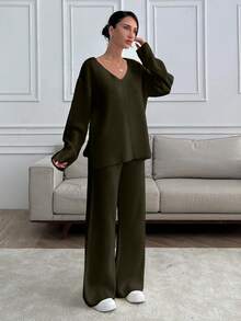 SHEIN Tall Tall Women V-Neck Oversize Sweater And Knit Pant Set - Army Green - View 5