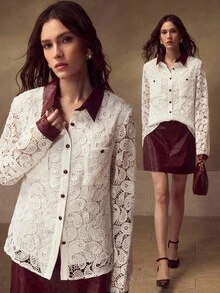 MOTF PREMIUM WOMEN'S CASUAL DAILY SHIRT WITH PERFORATED, EMBROIDERED CASHEW FLOWER, AND EMBOSSED LEATHER PATCHWORK - Red and White - View 8