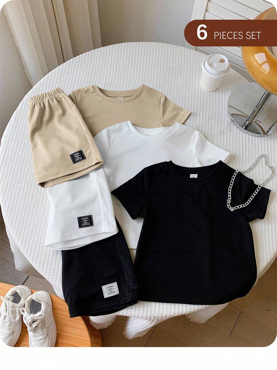 SHEIN Bộ 6 áo thun tay ngắn in chữ màu trơn và quần short cạp chun cho bé trai/gái, trang phục cơ bản mùa xuân/hè - Nhiều màu - Xem 1