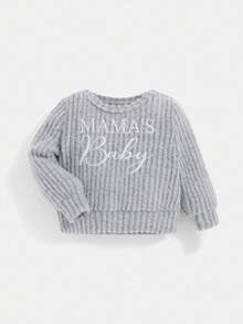 SHEIN 2pcs Newborn Baby Boy Letter Embroidered Crew Neck Long Sleeve Top And Elastic Cuff Pants Set - Grey - View 4