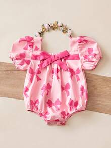 新生女婴可爱蝴蝶结短袖连体衣，夏季百搭粉色