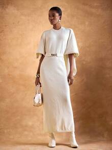 Zivah Elegant Autumn Women Off-White Sweater Dress,Tea Party Slim Fit Half-Sleeve Mid-Length Knit Dress With Metal Waist Decoration For Business Commuter - White - View 6