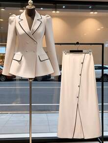 GlowEve Bộ 2 món gồm áo blazer và chân váy phối màu tương phản, size tiêu chuẩn, thích hợp cho mùa Thu/Đông. - Màu be - Xem 1