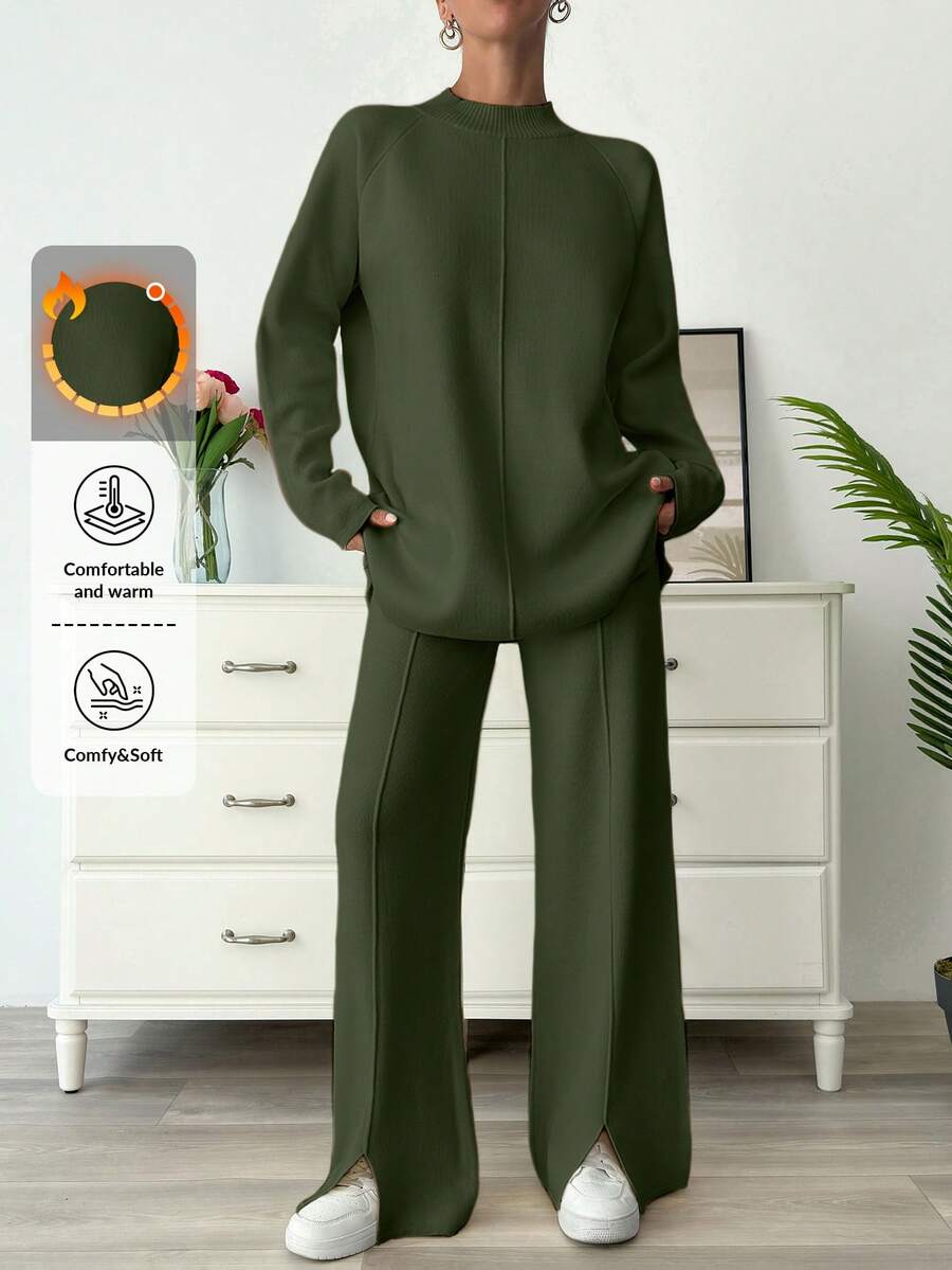 EURMUSE Knitwear Basic Oversize Co-Ords Solid Color Long Sleeve Loose Sweater And Trousers - Khaki - View 1